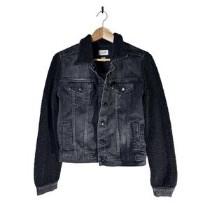 Miss Me Black Denim Jean Trucker Jacket‎ Womens Sherpa Sleeves Size Small